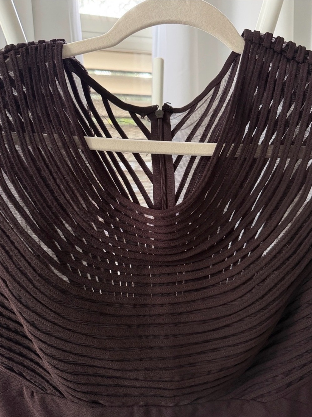 Donna Morgan Dress-Dark Brown Midi Dress with Textured Yoke